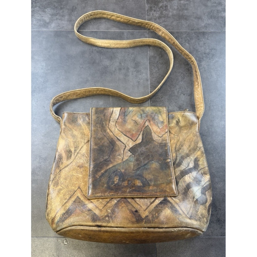 VTG Jane Yoo Hand Painted Leather Crossbody Wearable Art Abstract Boho Bag